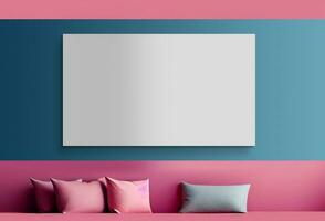 3D Render of Blank Canvas or Display Mockup On Blue And Pink Interior Wall, Realistic Cushions. photo