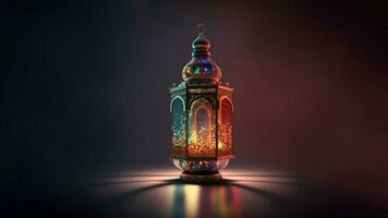 Realistic Illuminated Arabic Lantern On Dark Background. Islamic Religious Concept. 3D Render. photo