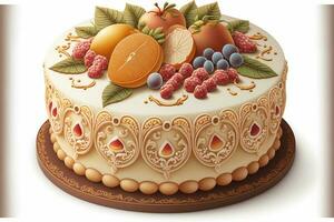 3D Render, Realistic Beautiful Cake Decorated With Fruits. photo