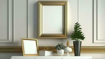 3D Render of Golden Frames Mockup With Image Placeholder, Plant Pots On Cabinet And Interior Wall Panels. photo