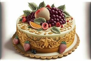 3D Render, Beautiful Cake Decorated With Fruits. photo