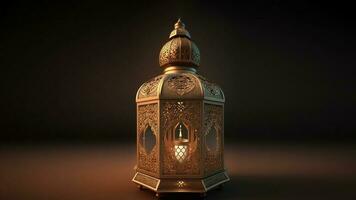 Realistic Illuminated Arabic Lantern On Dark Background. Islamic Religious Concept. 3D Render. photo