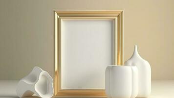 3D Composition of Golden And White Photo Frame Mockup, Clay Modelling Objects.