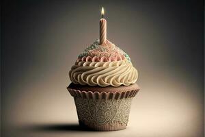 Colorful Cupcake With Lit Candle. 3D Rendering. photo