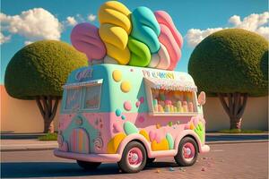 3D Render, Fantasy Colorful Food Truck of Candy Land. photo