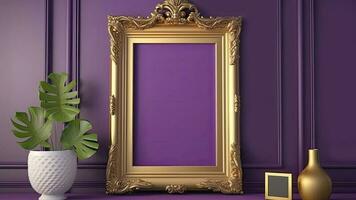 3D Render of Golden Vintage Frames With Image Placeholder On Purple Interior Wall Panelling And Monstera Plant Pot. photo