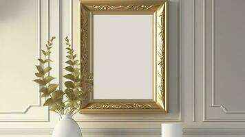 3D Render of Blank Golden Vintage Frame Mockup On Interior Wall Panels And Plant Pot. photo