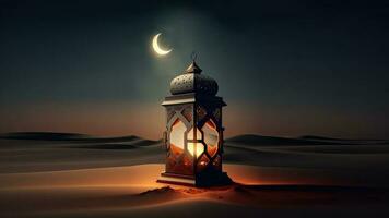 3D Render of Illuminated Arabic Lamp On Sand Dune And Realistic Crescent Moon. Islamic Religious Concept. photo