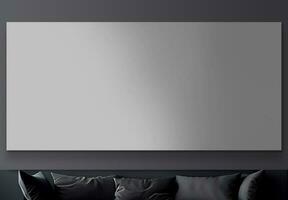 3D Render of Blank Canvas or Banner Mockup On Interior Wall And Realistic Cushions. photo