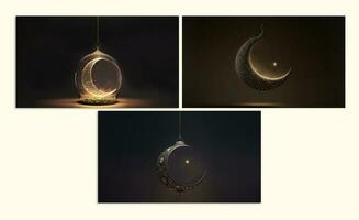 Collection of Hanging Crescent Moon And Golden Star On Dark Background. 3D Render. photo