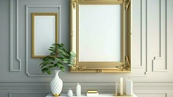 3D Render of Golden Vintage Frames With Image Placeholder On Interior Wall Panels And Decorative Objects. photo