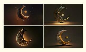 Collection of Hanging Exquisite Crescent Moon With Golden Shiny Star On Dark Background. 3D Render. photo