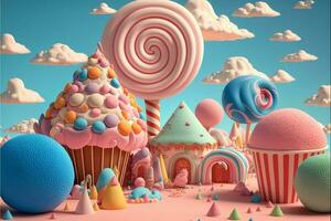 3D Render, Fantasy Colorful Candyland Background With Cupcake, Candies, Ice Cream, Clouds. photo