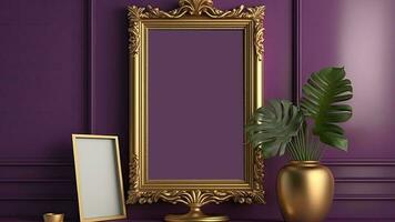 3D Render of Blank Golden Vintage Frames With Stand And Monstera Plant Pot On Purple Wall Background. photo