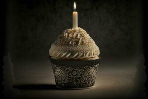 Vintage Style Cupcake With Lit Candle. 3D Render. photo