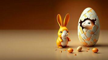 3d hacer de linda bebé Conejo o conejito personaje con huevos en brillante marrón antecedentes. contento Pascua de Resurrección día concepto. foto