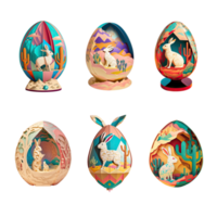 Various Style Paper Mache Egg With Forest And Cute Rabbit Character For Easter Concept. png