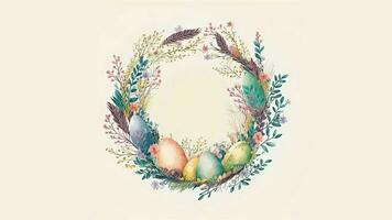 Flat Style Colorful Egg Decorative Easter Wreath Against Cosmic Latte Background And Copy Space. Happy Easter Day Concept. photo