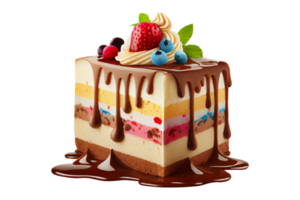 Fresh sweet ice cream cake with chocolate syrup and berries on transparent background png