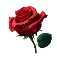 Fresh red rose with green stem and leaf on transparent background png