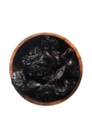 Dry black plums in a wooden cup with transparent background png