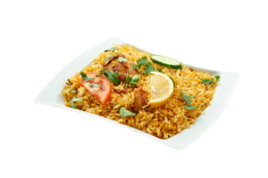 Tasty chicken biryani on white tray with transparent background png