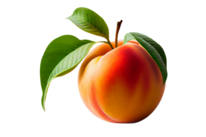 Fresh tasty peach fruit with leaves on transparent background png