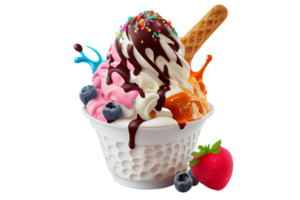 Tasty colorful ice cream cup with syrups and fruits on transparent background png