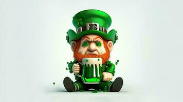 Clay Modeling of Leprechaun Man Sitting With Hold Beer Mug And Copy Space. 3D Render, St. Patrick's Day Concept. photo