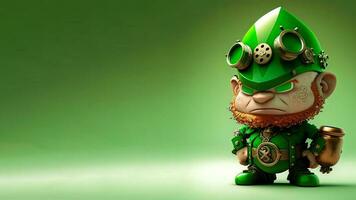 3D Render of Angry Leprechaun Character Standing On Shiny Green Background And Copy Space. St Patricks Day Concept. photo