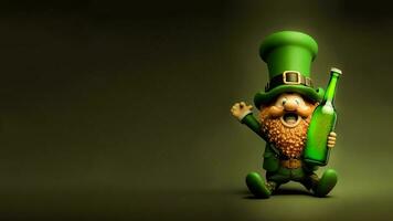 3D Render of Cheerful Leprechaun Man Holding Alcohol Bottle On Olive Green Background. St. Patrick's Day Concept. photo