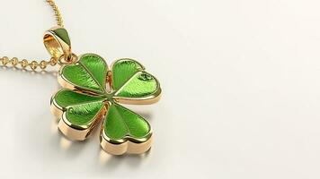 Isolated 3D Render of Shiny Green And Gloden Clover Pendant And Copy Space. St Patricks Day Concept. photo