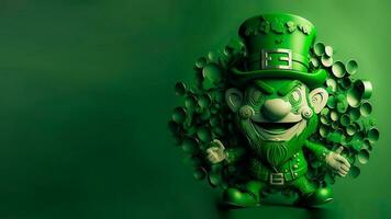 Clay Modeling of Leprechaun Man On Green Paper Circles Background And Copy Space. 3D Render, St. Patrick's Day Concept. photo