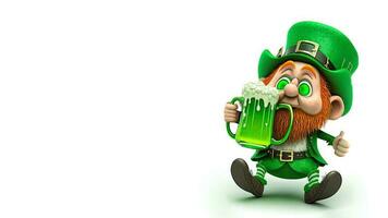3D Render of Leprechaun Man Character Drinking Beer In Sitting Pose And Copy Space. St. Patrick's Day Concept. photo