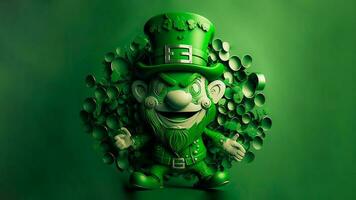 Clay Modeling of Leprechaun Man On Green Paper Circles Background And Copy Space. 3D Render, St. Patrick's Day Concept. photo