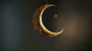 Hanging Exquisite Crescent Moon With Golden Shiny Star On Dark Background. 3D Render. photo