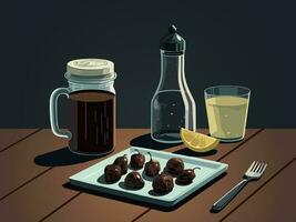 café tarro con bebida vaso, limón rebanada, tenedor y fechas plato en tablón textura antecedentes. foto