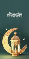 Ramadan Mubarak Banner 3D Render, Golden Crescent Moon With Illuminated Arabic Lantern On Green Background. photo