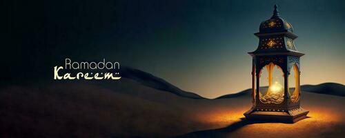 Ramadan Kareem Banner Design With 3D Render, Illuminated Golden Exquisite Arabic Lamp On Sand Dune. photo