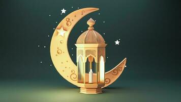 3D Render of Golden Crescent Moon With Illuminated Arabic Lantern On Green Background. Islamic Religious Concept. photo