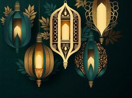 Golden And Teal Blue Arabic Lamps Hang With Leaves Decorated Islamic Pattern Background. photo