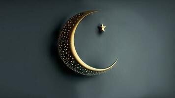 3D Render of Exquisite Shiny Carved Moon With Star On Dark Background. Islamic Religious Concept. photo