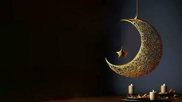 3D Render of Hanging Exquisite Shiny Carved Moon With Stars And Illuminated Candles On Black Background. Islamic Religious Concept. photo