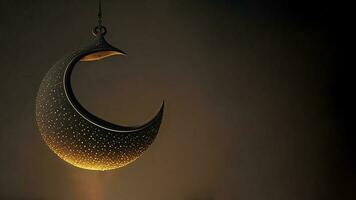 3D Render of Hanging Exquisite Carved Moon With Star On Dark Background. Islamic Religious Concept. photo