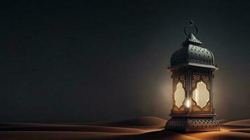 3D Render of Illuminated Arabic Lamp On Sand Dune. Islamic Religious Concept. photo