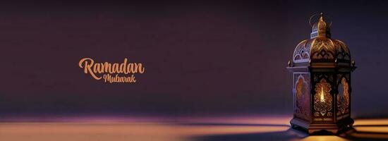 Ramadan Mubarak Banner Design With Realistic Illuminated Arabic Lamp On Shiny Purple Background. 3D Render. photo