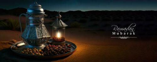 Ramadan Mubarak Banner 3D Render, Arabic Jug With Dry Fruits On Silver Tray And Illuminated Lanterns. Islamic Religious Concept. photo