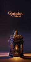 Ramadan Mubarak Banner Design With Realistic Illuminated Arabic Lamp On Shiny Purple Background. 3D Render. photo