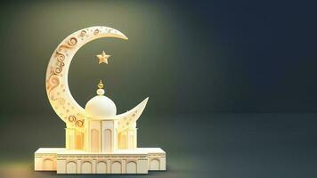 3D Render of Mosque With Crescent Moon And Star On Grey Background. Islamic Religious Concept. photo