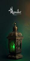 Ramadan Kareem Banner Design With Illuminated Arabic Lamp On Green Shiny Background. 3D Render. photo